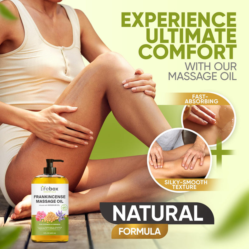 [Australia] - Frankincense Massage Oil – 100% Pure & Natural - Massage Therapy Oil for Soreness & Stiffness – Stretch Marks and Scars Body Oil Infused with Frankincense Essential Oil and Geranium Oil – 8 FL OZ 8 Fl Oz (Pack of 1) Frankincense - 8 Fl Oz (Pack of 1) 