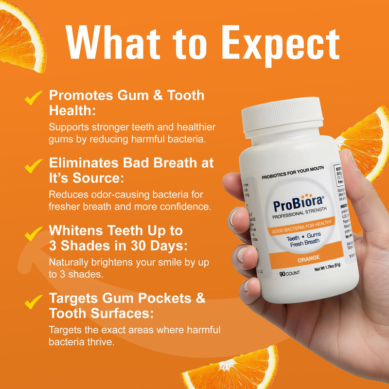 [Australia] - ProBiora Professional Strength Oral Probiotics for Teeth and Gums | Dental Probiotic for Oral Health | Bad Breath Treatment for Adults | Tooth Whitening | ProBiora3 Probiotic Blend | 90 Orange Tablets 