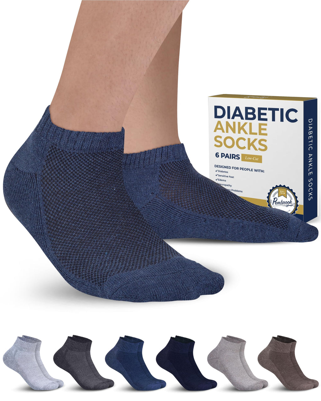 Pembrook Diabetic Ankle Socks for Men and Women - 6 Pairs Low Cut Seamless Diabetic Socks Women | Diabetic Socks for Men Large Tan, Light Tan, Navy, Light Blue, Grey, Light Grey