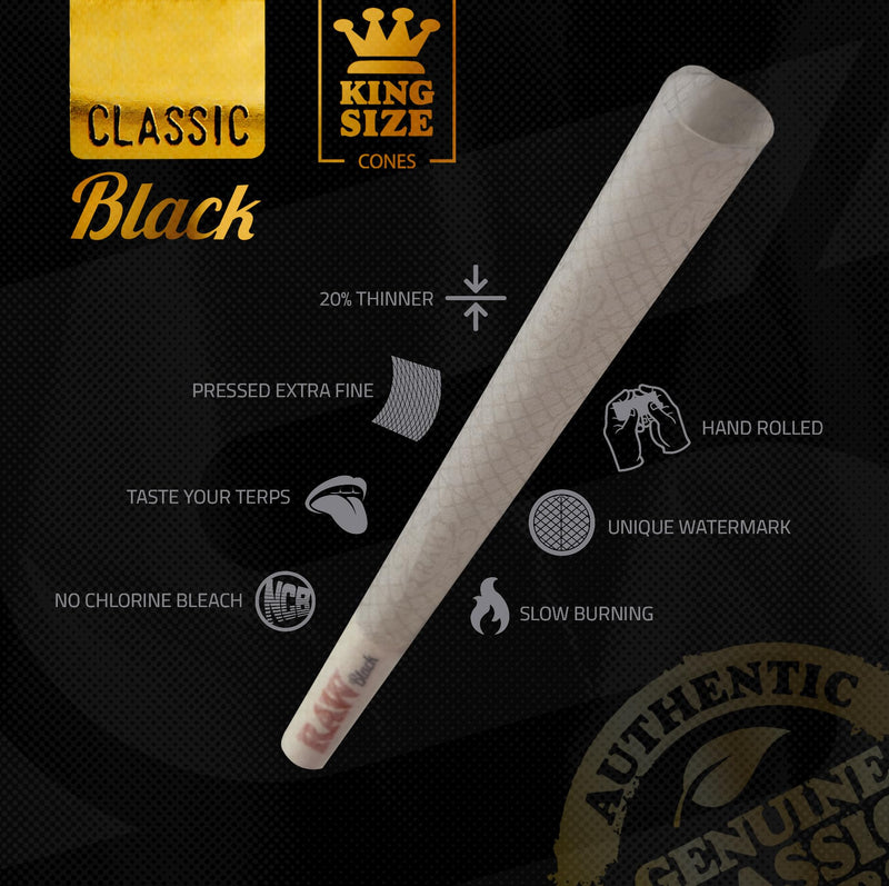 [Australia] - RAW Black Cones King Size | 100 Pack | Natural Pre Rolled Rolling Paper Pressed Extra Fine for Thin, Slow Burning, Naturally Translucent Paper with Tips & Packing Tubes Included Classic 100 Count (Pack of 1) 