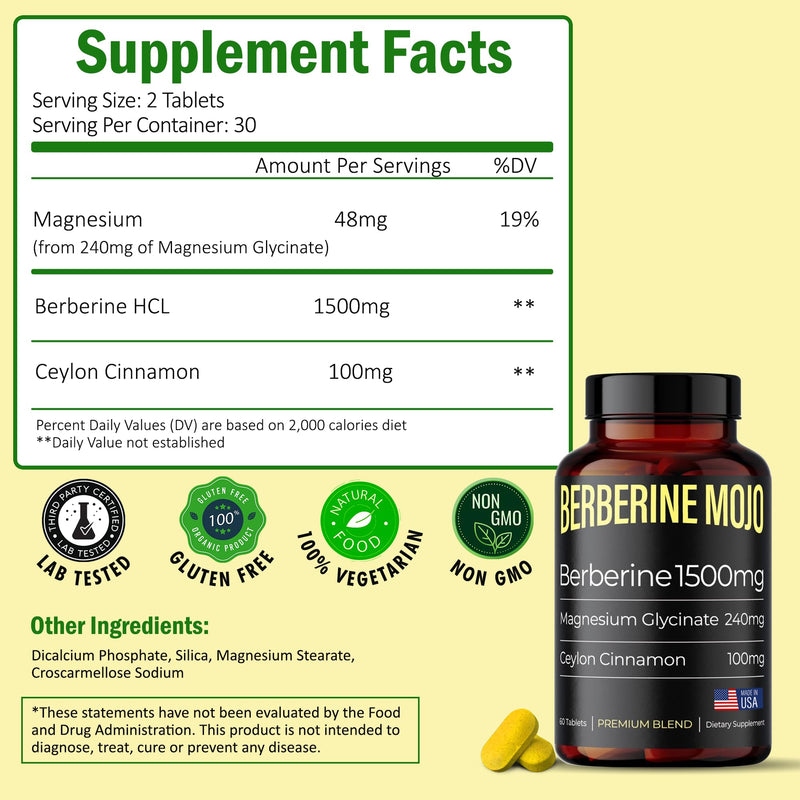[Australia] - Berberine Supplement 1500mg with Magnesium Glycinate 240mg and Ceylon Cinnamon 100mg for Gut Health & Weight Management for Women & Men - High Potency - 60 Tablets 