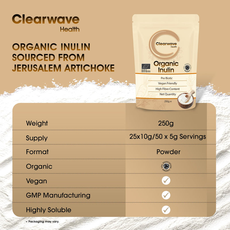 Organic Inulin Powder | 250g | Prebiotic Fiber Powder Supplement | Soluble Fibre Powder for Gut Health & Digestion | by Clearwave Health
