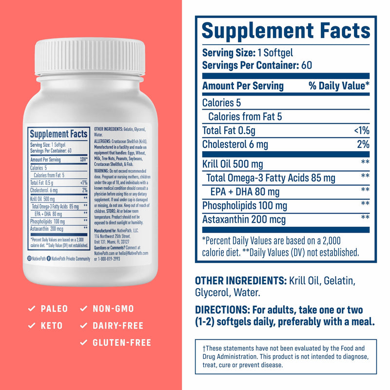 [Australia] - NativePath Antarctic Krill Oil - Wild-Caught Omega 3 Krill Oil 500mg Softgels with EPA, DHA and Astaxanthin - Supplement for Joint, Heart, Brain and Immunity - 60 ct - No Fishy Aftertaste 60 Count (Pack of 1) 
