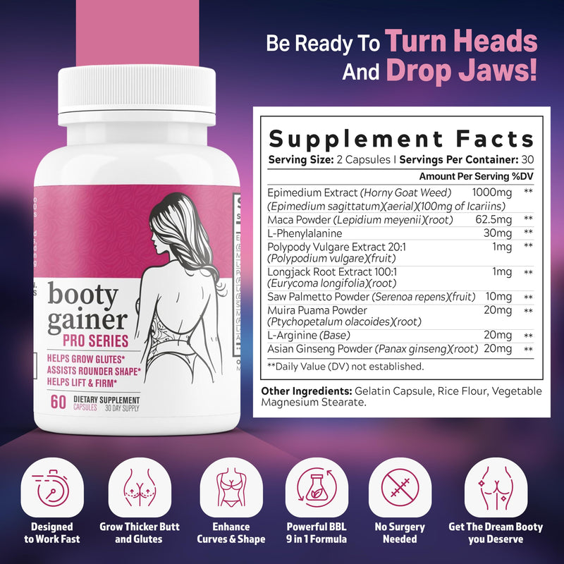 [Australia] - Booty Gainer Pro Series - Weight Gainer for Women to Grow Thicker Booty & Larger Buttox | Helps Naturally Curve & Shape Body | Grow Rounder, Wider & Thicker Glutes for BBL Growth - 60 Capsules 