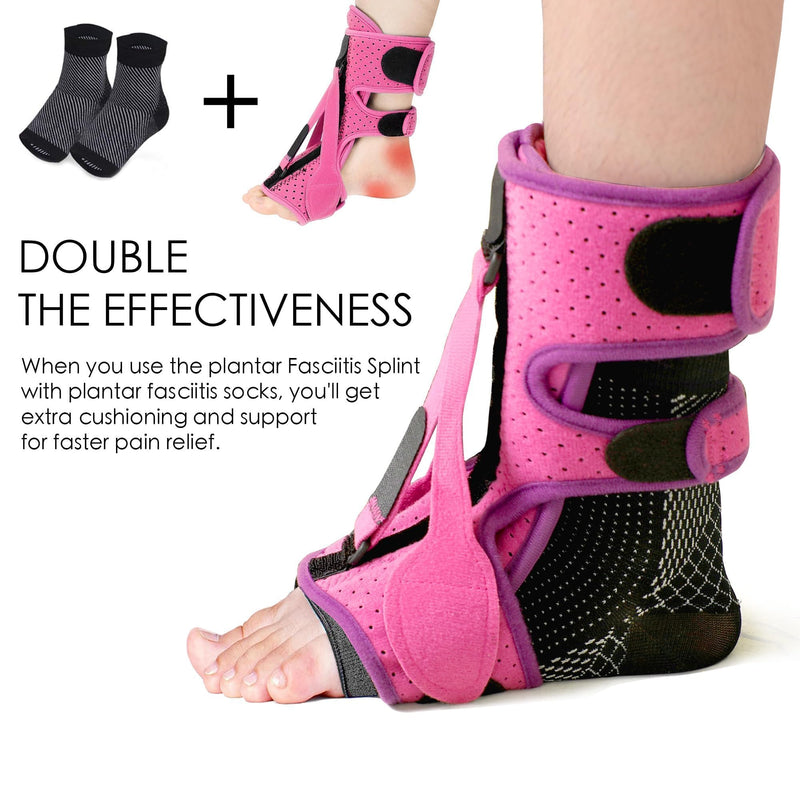 Plantar Fasciitis Night Splint with 3 Adjustable Straps & Fasciitis Socks, Pain Relief Foot Drop, Heel Spur, Achilles Tendonitis Day&Night, Comfortable Brace Women (Pink) Pink