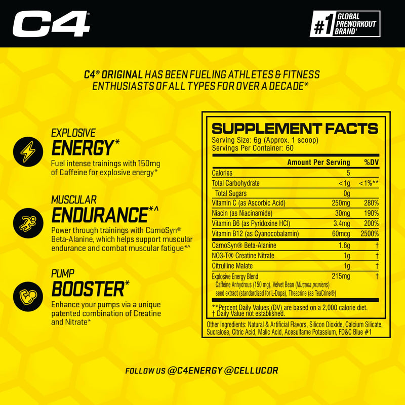 C4 Original Pre Workout Powder with 150mg Caffeine, 60 Servings Blue Raspberry 12.7 Ounce (Pack of 1)