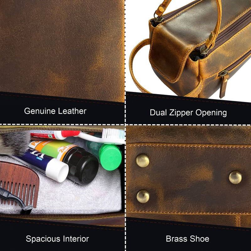 Rustic Town Leather Wash Bag for Men - Travel Toiletry Bag - Shaving Dopp Kit Toiletries Organizer - Leather Makeup Bag for Women | Main Compartment, Interior & Exterior Zip Pockets, YKK Zippers, Waterproof Lining; TSA Carry-On; Gifts for Him, Brown