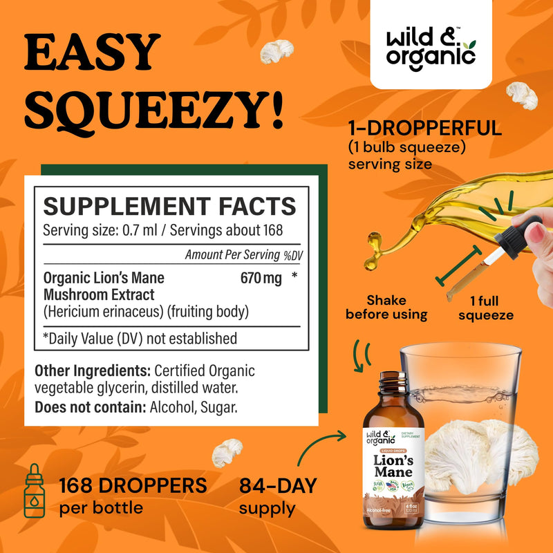 [Australia] - Wild & Organic Lions Mane Liquid Drops - Brain & Focus Support - Lion's Mane Mushroom Supplement - Hericium Erinaceus Mushroom Drops - Vegan, Sugar & Alcohol-Free Extract Tincture - 4 fl oz 4 Fl Oz (Pack of 1) 