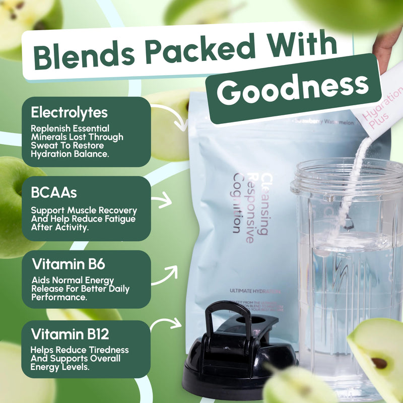 OQO® Hydration Electrolytes Sachets | Hydration Powder Packed with Vitamins B6 & B12, Sodium, Potassium, Magnesium & BCAAs - Zero Sugar Hydration Sachets | 25x Electrolyte Sachets | Green Apple 25pk (Green Apple)