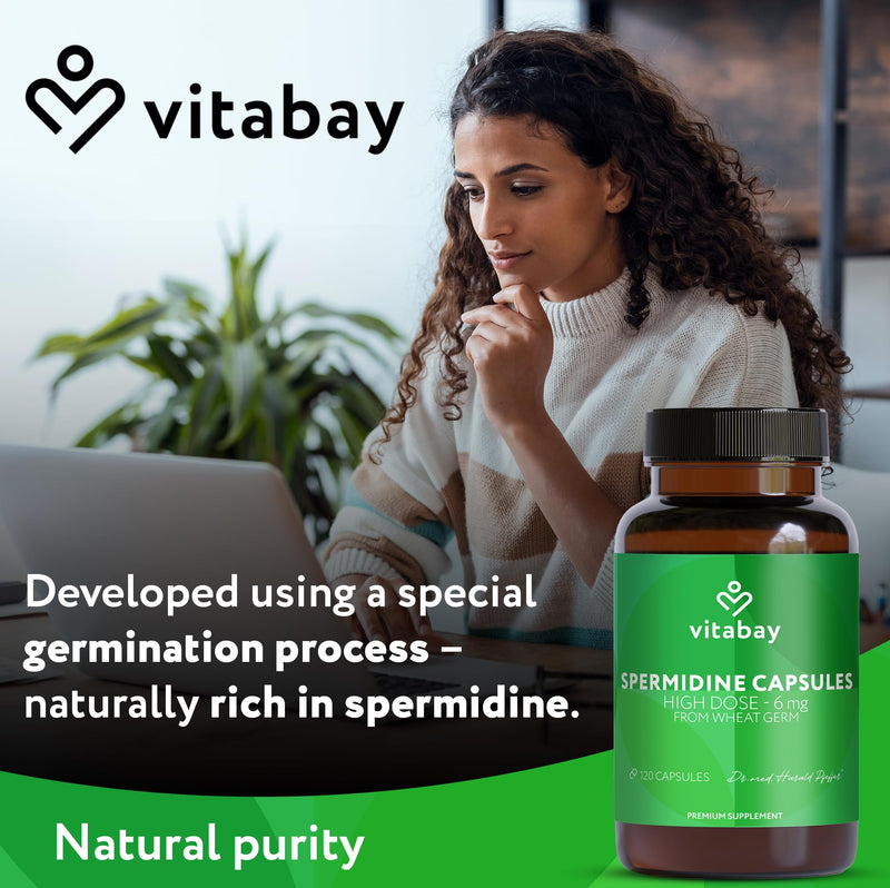 Vitabay Spermidine 6 mg High Strength Supplement – 120 Vegan Capsules with Fermented Wheat Germ Extract – Laboratory Tested in Germany – No Additives – 4 Month Supply