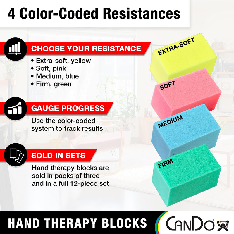 [Australia] - CanDo Hand Therapy Blocks - Grip Strengthening Foam Hand Exercise Tools for Physical Therapy, Arthritis, Carpal Tunnel, Stress Relief, Anxiety Multi (Extra-Soft Through Firm) Pack of 12 