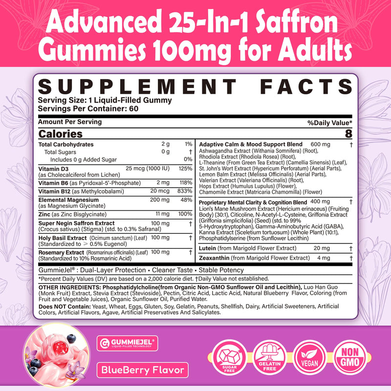 Liposomal Saffron Gummies 100mg with Magnesium Glycinate 200mg, 60 Servings | 25 IN 1 Saffron Extract Supplements w/ Ashwagandha, Rhodiola, L-Theanine, GABA & Rosemary for Calm Mood, Focus, Sugar Free 60 Count (Pack of 1)