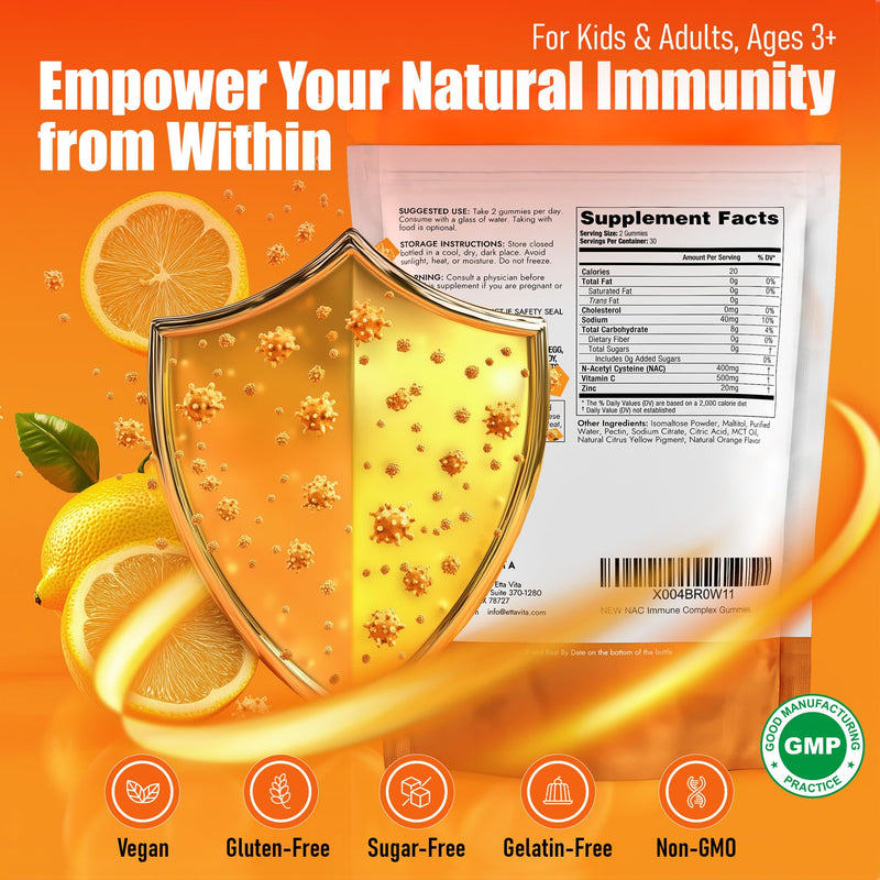 [Australia] - Sugar-Free NAC Gummies (Immune Support Complex) N-Acetyl Cysteine, Vitamin C & Zinc - Supports Respiratory Health, Liver Detox & Cleanse, Kidney Function, NAC Supplement for Kids and Adults - Vegan NAC Immune Complex Gummies 