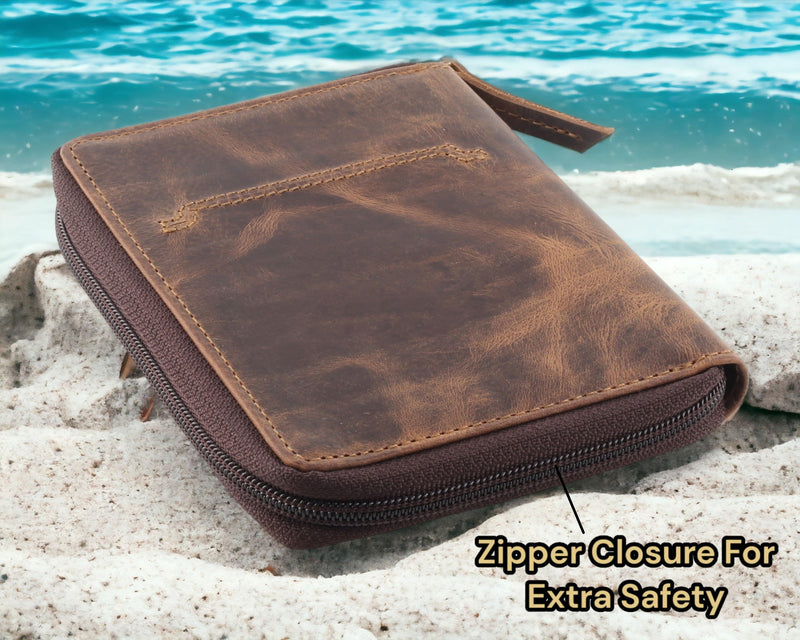 Passport Wallet - Travel Document Holder w/RFID Blocking – Full Grain Leather – Bifold compact zip around Wallet with Credit Card Slots for Women and Men,distressed brown,500-30 distressed brown Solid