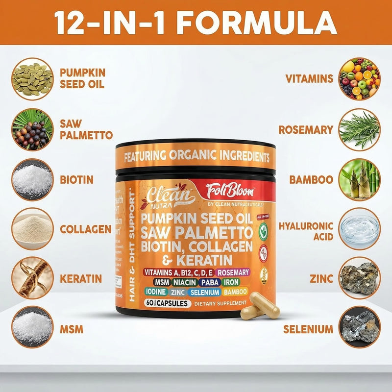 Clean Nutra Pumpkin Seed Oil Capsules + Saw Palmetto Biotin Collagen Keratin MSM Folate Hyaluronic Acid Supplements B12 Zinc Hair Supplement for Women Men Iodine 5-MTHF B-12 Vitamin B9-60 Pills