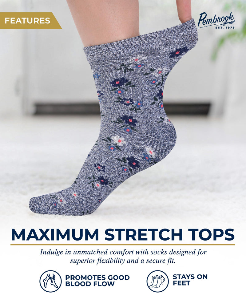 [Australia] - Pembrook Ankle Diabetic Socks for Women & Men - 4 Pairs Flowers, Moisture-Wicking Non Binding Socks Women, Neuropathy and Edema, Stretchy Wide Top Large Flowers Set 1 - 4 Pairs 