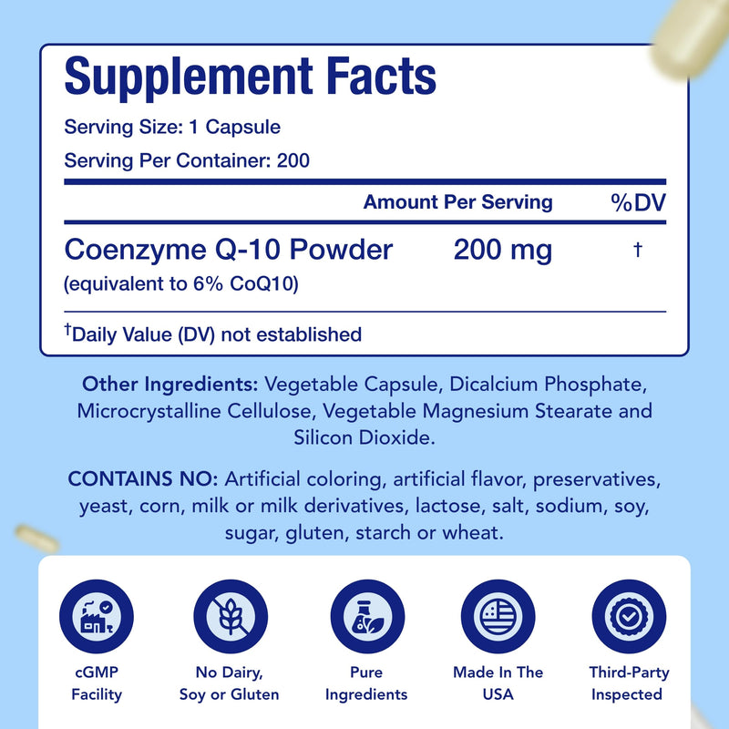 CoQ10 200mg Capsules | Vegan Friendly Coenzyme Q10 200mg from Easy Absorption Ubiquinone Supplement for Skin Heart and Energy Support | Made in The USA in cGMP Facilities (200 Servings) 200 Count (Pack of 1)