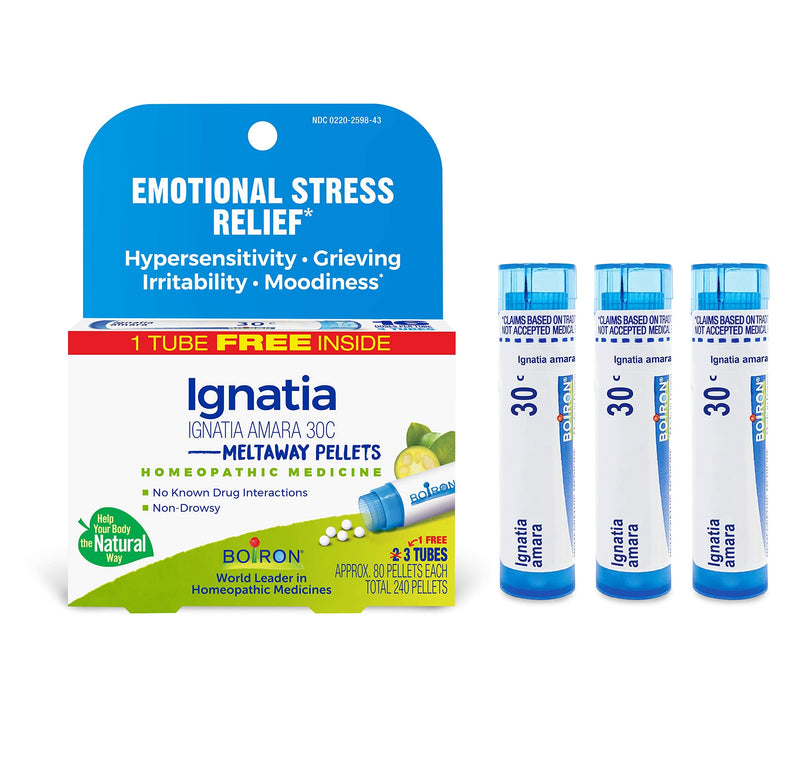 Boiron Ignatia Amara 30C Emotional Stress Relief (80 Count) and Rhus Tox 30C Joint Pain Relief (240 Pellets) Homeopathic Medicine Bonus Care Pack