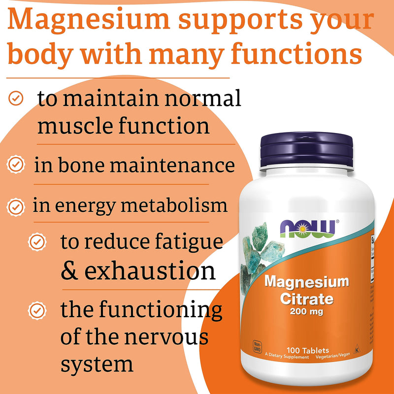 Now Foods, Magnesium Citrate, 200mg Magnesium, 100 Vegan Tablets, Lab-Tested, Vegetarian, Gluten Free, Soy Free, Non-GMO 100 count (Pack of 1)