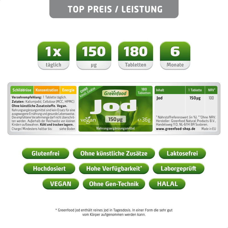 [Australia] - Iodine, 150 µg, normal daily requirement, 180 tablets, vegan - important for normal thyroid function, hormonal balance and nervous system. WITHOUT artificial additives. Without genetic engineering. 180 pieces (pack of 1) 