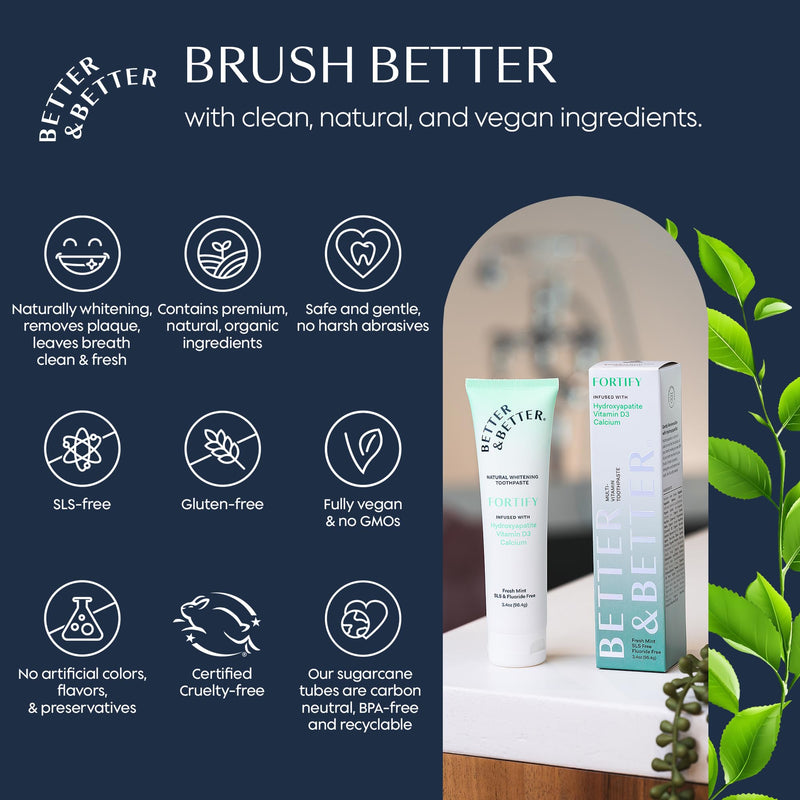 Better & Better Fortify | Hydroxyapatite Toothpaste | Remineralize Enamel with Vitamin D3 & Calcium | Fluoride-Free, SLS-Free | Natural Whitening | Fresh Mint | 3.4oz 3.4 Ounce (Pack of 1)