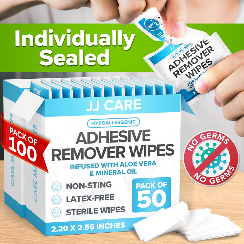 [Australia] - JJ CARE Adhesive Remover Wipes (Pack of 100) 2.2‚Äù x 2.56 Inches, Adhesive Remover for Skin, No Sting Medical Adhesive Remover, Ostomy Adhesive Remover for Sensitive Skin - Individually Packed 