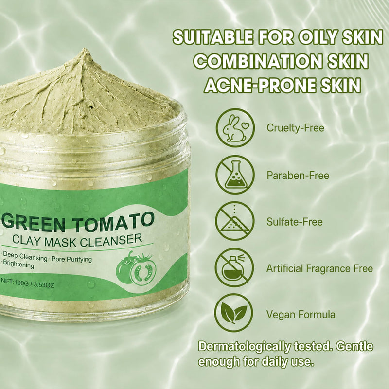 Green Tomato Clay Mask Cleanser, 100g Clay Face Mask for Oily Skin | Bentonite Clay Face Mask With Glycerin and Vitamin E Helps Remove Daily Buildup and Excess Oil; Smooth, Easy-Rinse Texture