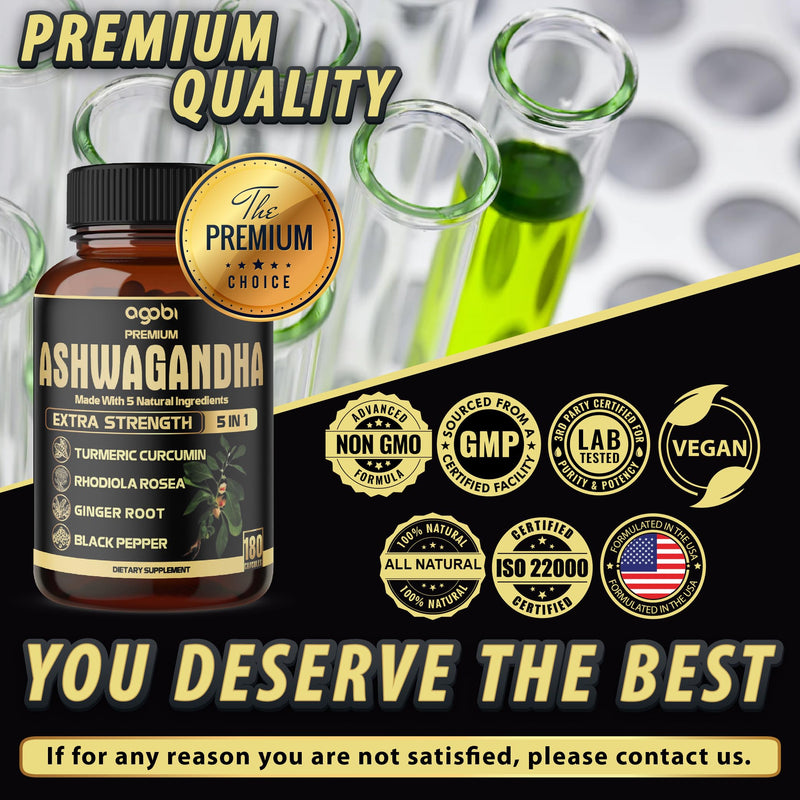 [Australia] - 5in1 Premium Ashwagandha Capsules - Added Turmeric, Rhodiola Rosea, Ginger, Black Pepper - Strength, Spirit & Immune Support - 180 Caps for 6 Months 180 Count (Pack of 1) 