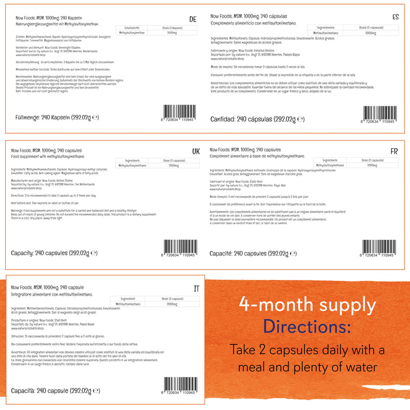 Now Foods, MSM, 1.000mg, 240 Vegan Capsules, Lab-Tested, Sulphur, Gluten Free, SOYA Free, Vegetarian