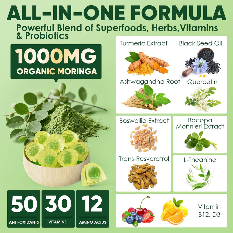 Moringa Gummies 1000mg for Women & Men Sugar-Free, 13-in-1 Superfood with Turmeric, Ashwagandha, Trans-Resveratrol, VB12 D3, Pure Moringa Leaf Supplement for Energy, Immune, Skin,Antioxidant, 60 Chews 60 Count (Pack of 1)