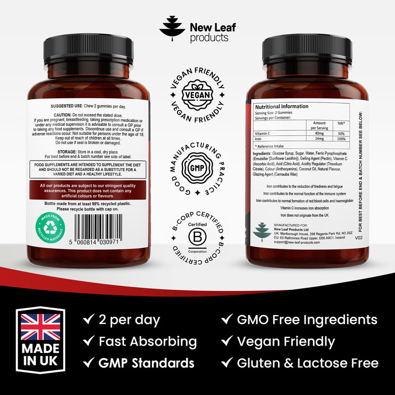 Iron Gummies with Vitamin C for Added Absorption - 60 Gummies for Women & Men - Real Fruit Juice (1 Month Supply) Iron Supplements Tasty Alternative to Tablets 14mg Per Serving Unflavoured