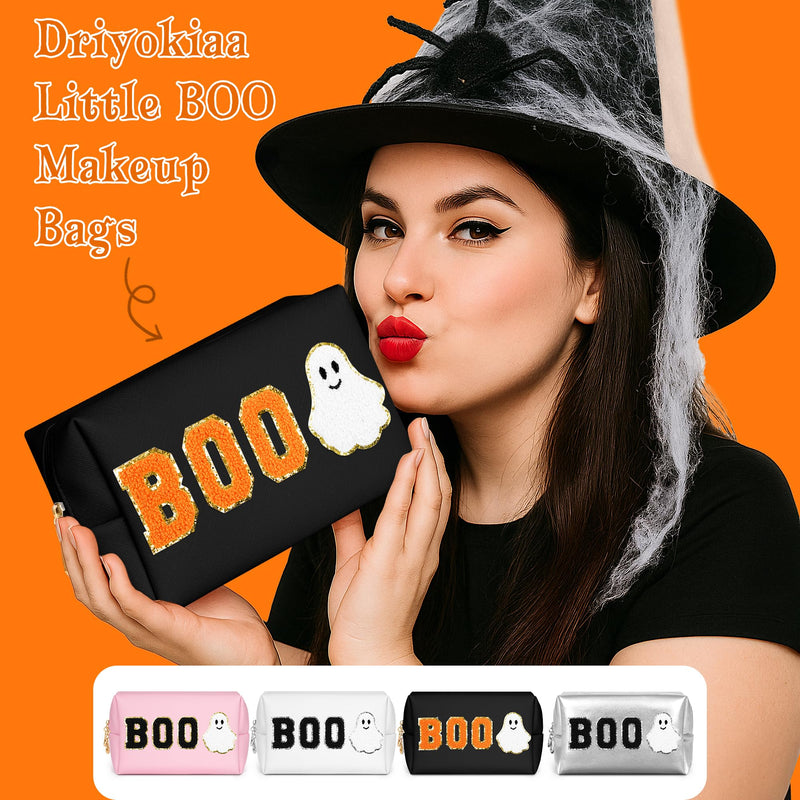 Dripykiaa Halloween Makeup Bag Boo Basket Gifts, Spooky Basket Gift for Women, Large Capacity Cosmetic Pouch with Ghost Chenille Patch, Soft Leather Zipper Toiletry Travel Organizer