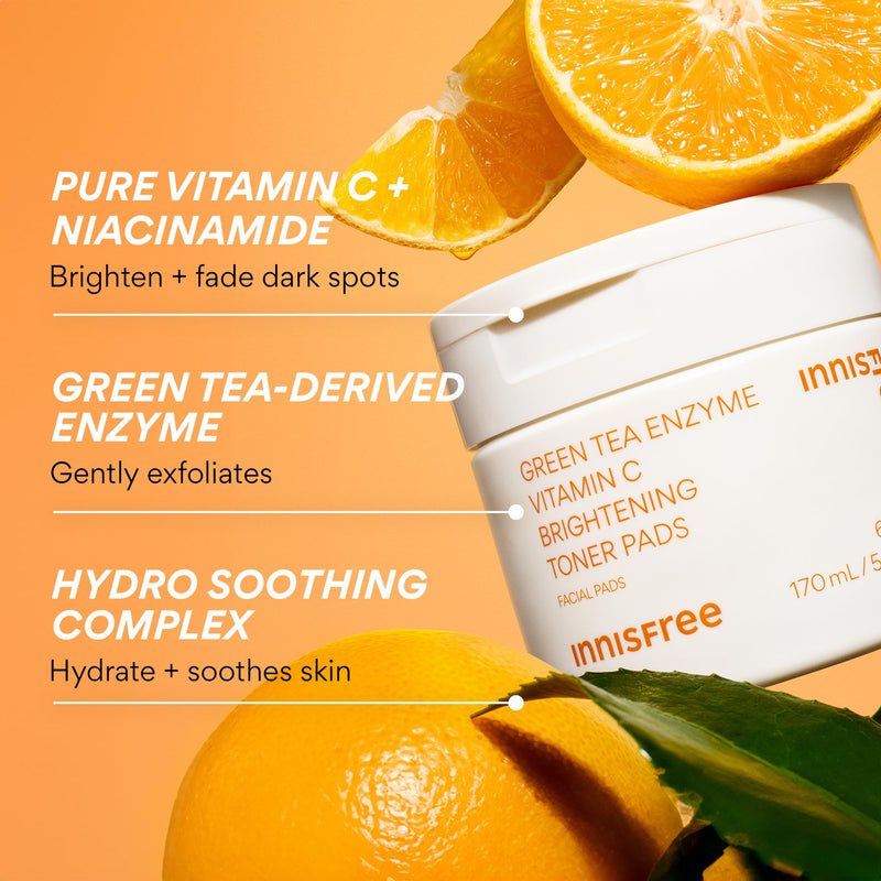 innisfree Green Tea Enzyme Vitamin C Toner Pads | Brightening Korean Face Pads with Hyaluronic Acid and Niacinamide for Dark Spots, Radiance and Even Skin Tone | 60 Pads