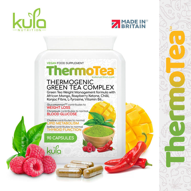 ThermoTea - Thermogenic Green Tea Complex for Weight Management with Glucomannan Konjac Soluble Fibre, Raspberry Ketones, African Mango, Chilli, L-Tyrosine, Vitamin B6 and Chromium - 90 Vegan Capsules