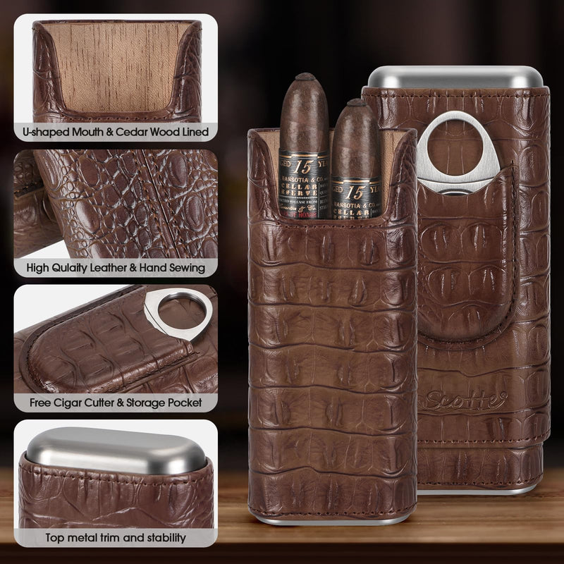 [Australia] - Scotte Cigar Case Leather Cigar Travel Case Cedar Wood Lined Portable Cigar Humidor Box with Cigar Cutter Elegant Cigar Box Great Cigar Accessories for Men 