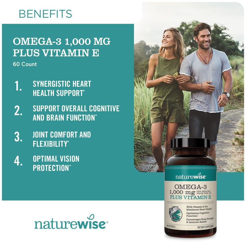 [Australia] - NatureWise Extra-Strength Omega 3 Fish Oil Supplement - 1000mg per Serving - 600 EPA & 400 DHA and Vitamin E - Support for Heart & Brain Health - Lemon Flavor, Non-GMO - 60 Softgels[1-Month Supply] 60 Count (Pack of 1) 