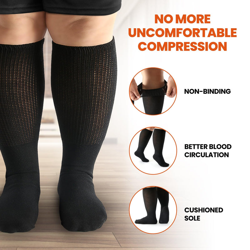 [Australia] - Wide Calf Socks, Women and Men's Wide Socks, Extra Wide Socks, Diabetic Socks for Men and Women, Loose Fit Socks - 3 Pairs X-Large Black 
