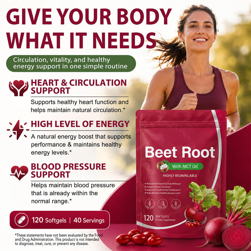 Beet Root Extract 120 Softgels with MCT Oil | Natural Beet Root Source, Beetroot Supplements, Non-GMO