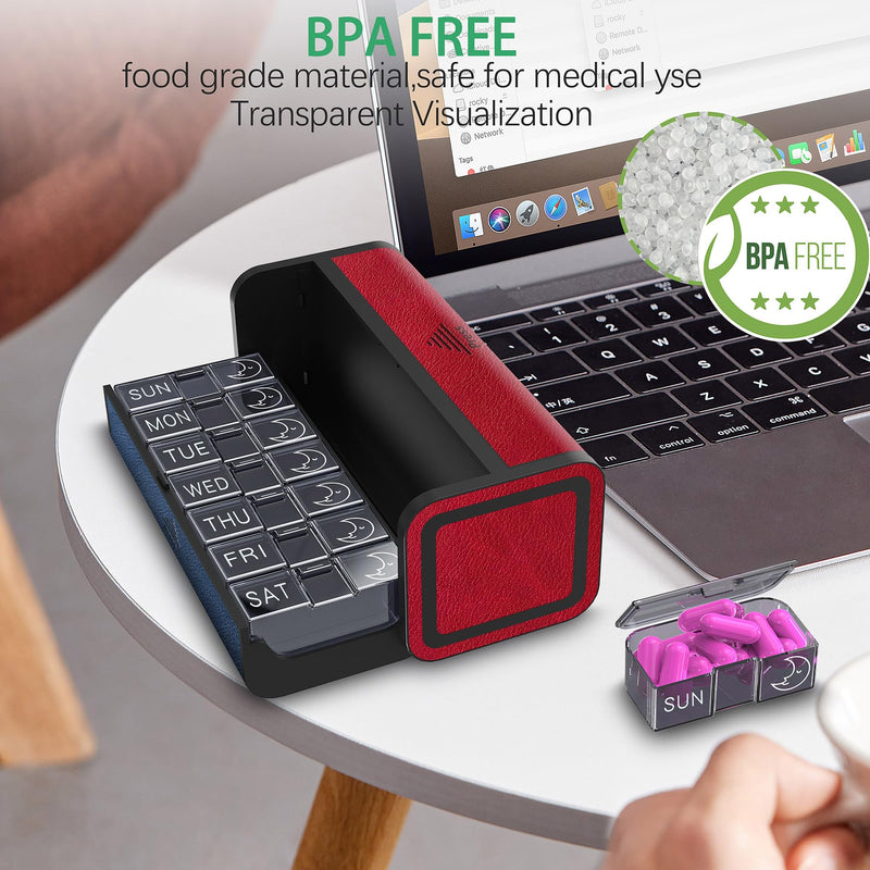 Medicine Pill Organizer, 7 Day AM PM Pill Box 2 Times a Day, Travel Leather Pill Case, Pressing The Double Opening, Holds Medication Vitamins Fish Oil and Supplements (Red and Blue) Red and Blue