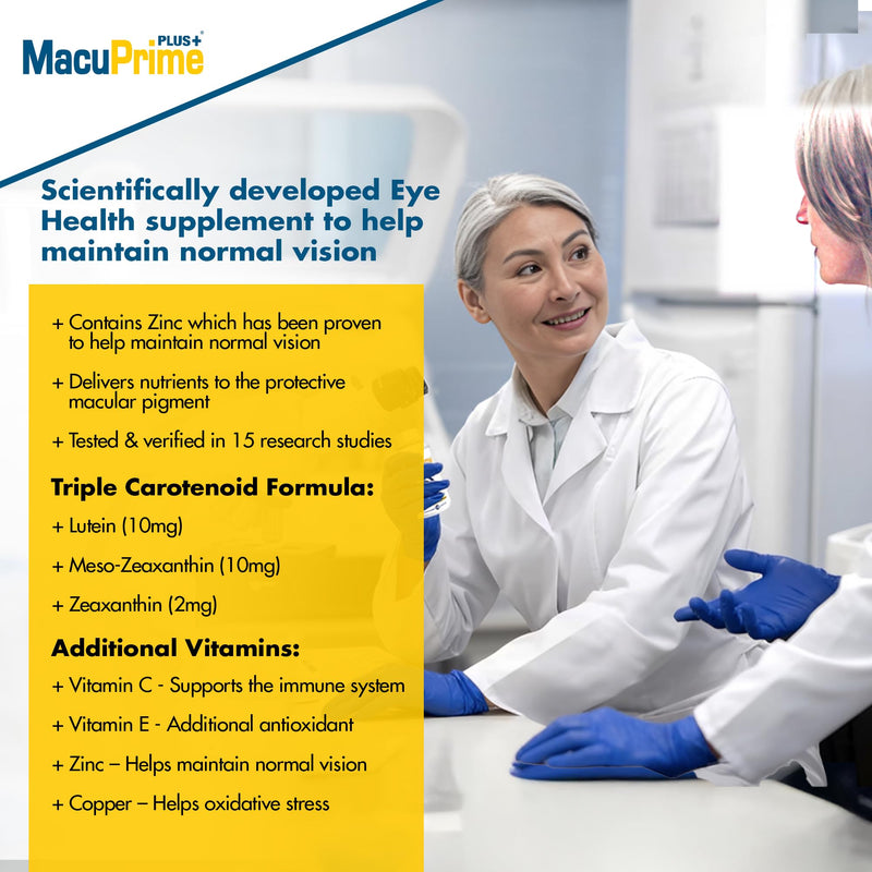 MacuPrime Plus+ Eye Health Supplements – Food Supplement Helps Maintain Normal Vision – Lutein, Meso-Zeaxanthin & Zeaxanthin, 120 Capsules – 1 Month Supply 30 count (Pack of 1)