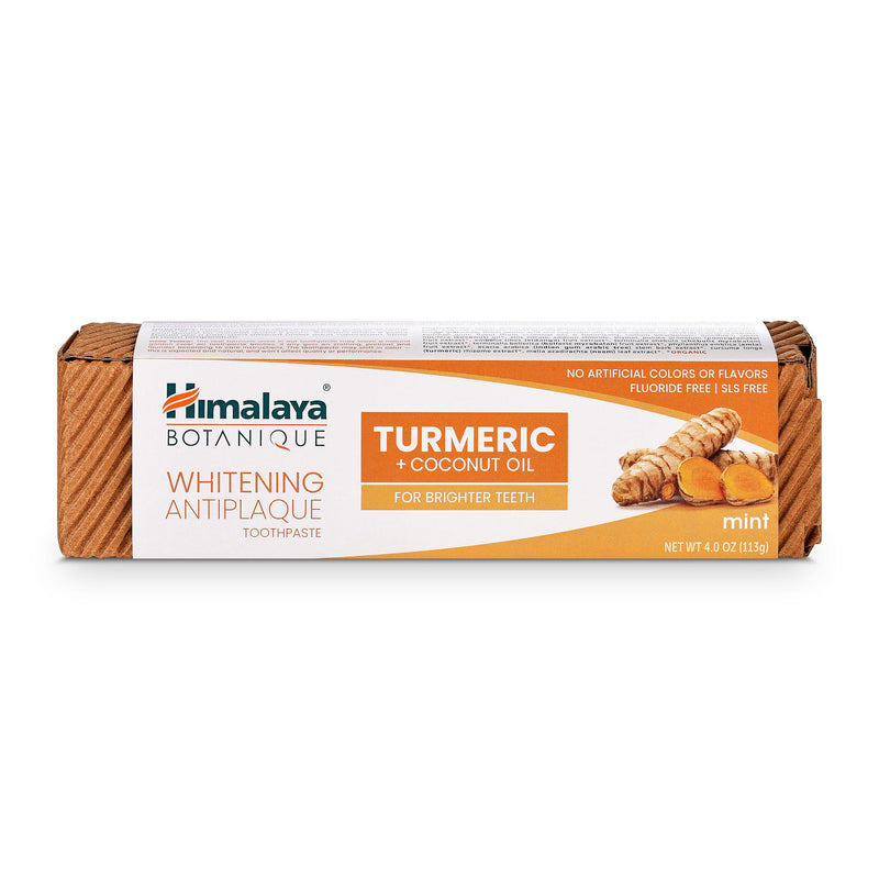 Himalaya Botanique Turmeric & Coconut Oil Whitening Antiplaque Herbal Toothpaste, Whitens Teeth, Fluoride Free, No Artificial Flavors, SLS Free, Vegan, Cruelty Free, Foaming, Mint Flavor, 4 Oz, 2 Pack 4 Ounce (Pack of 2)