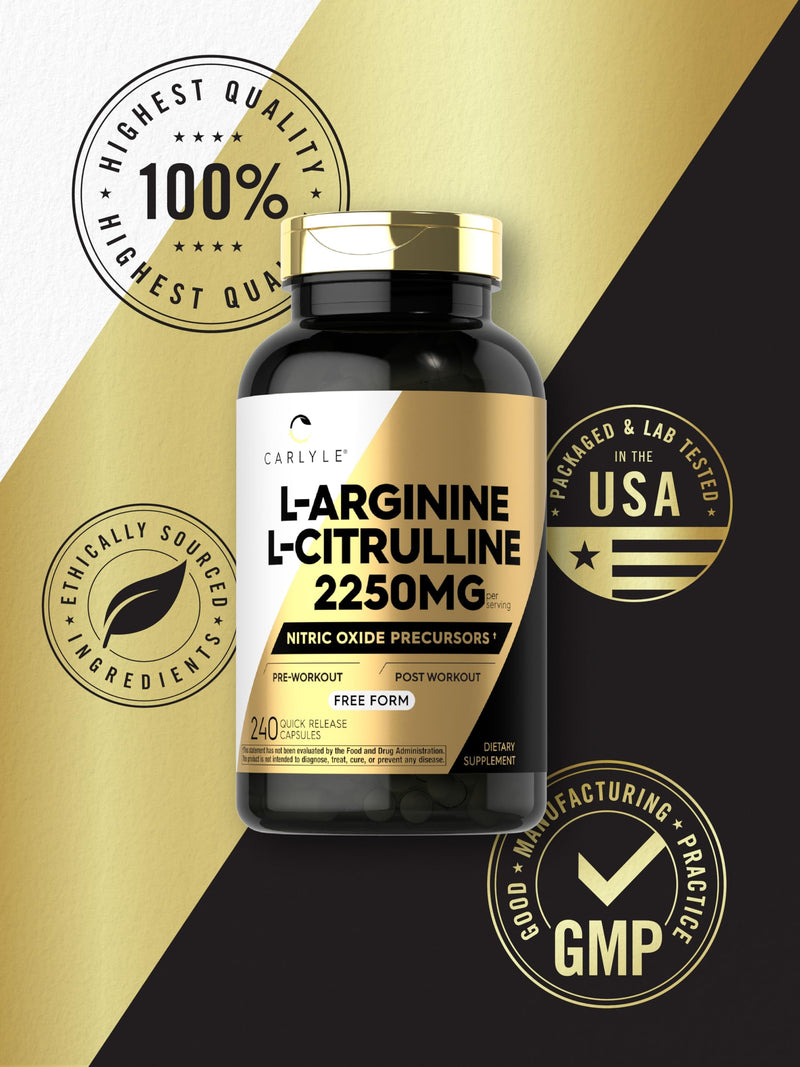 Carlyle L-Arginine L-Citrulline Complex | 2250mg | 240 Capsules | Nitric Oxide Precursors | Free Form | Non-GMO & Gluten Free