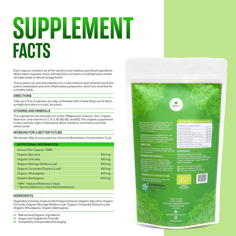 Organic Super Greens Capsules | Ultimate Green Blend of 6 Super Greens & Superfood Powder | 120 Capsules | Removes Toxins & Boost Energy | Gluten-Free, Vegan & Soil Association Certified