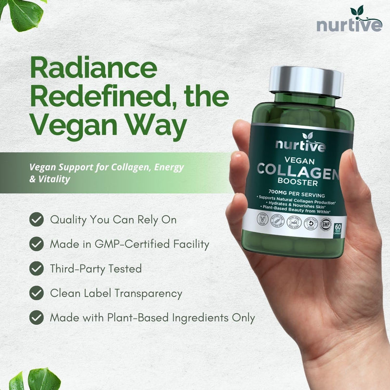 Plant-Based Collagen Booster - Vegan Support with Vitamin C, Amino & Hyaluronic Acids - 700mg/Serving - Non-GMO, Gluten-Free, No Filler - 60 Capsules, 2 Capsules/Day for 1 Month Supply