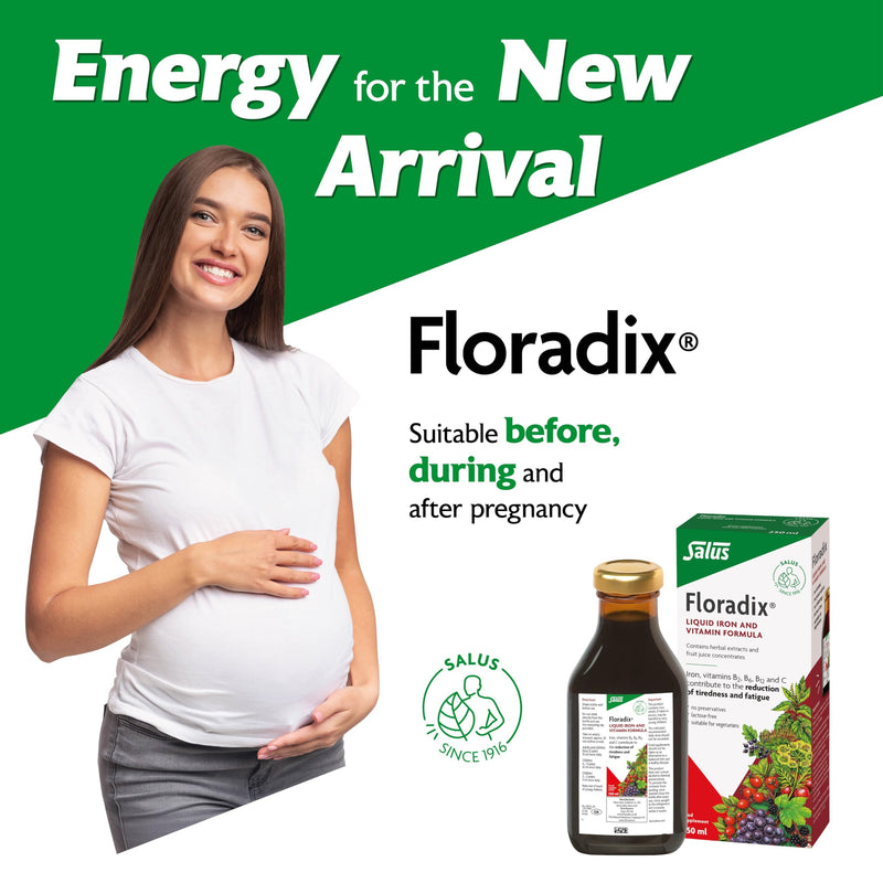 Salus Floradix Liquid Iron 250ml Supplement with Vitamin C & B-Complex. Iron contributes to the Reduction of Tiredness. Vegetarian. No preservatives. Suitable for Women, Men and Children 3+.