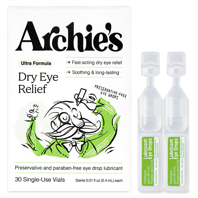 Archie's Remedies, Dry Eye Relief, Ultra Lubricating Eye Drops, Clean Formula and Preservative-Free Vials, Single-Use, for Irritation and Red Eyes, Natural Tears, 30 Count 30 Count (Pack of 1)