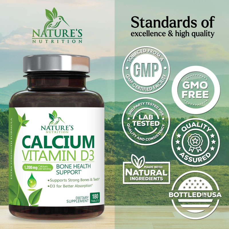 Calcium Supplement with Vitamin D3-1200 mg Calcium per Serving with D3 for Best Absorption - Supports Immune Health, Bones & Teeth - Nature's Calcium is Bottled in USA for Women & Men - 180 Tablets 180 Count (Pack of 1)