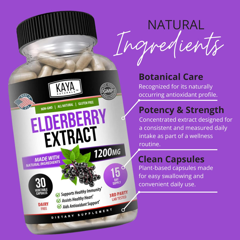 Kaya Naturals Elderberry Immune Support - Elderberry Extract, Rich Antioxidant Premium Vitamins, 1200mg Immune System Booster Sambucus Capsules - 30 Count (Pack of 2) 30 Count (Pack of 2)