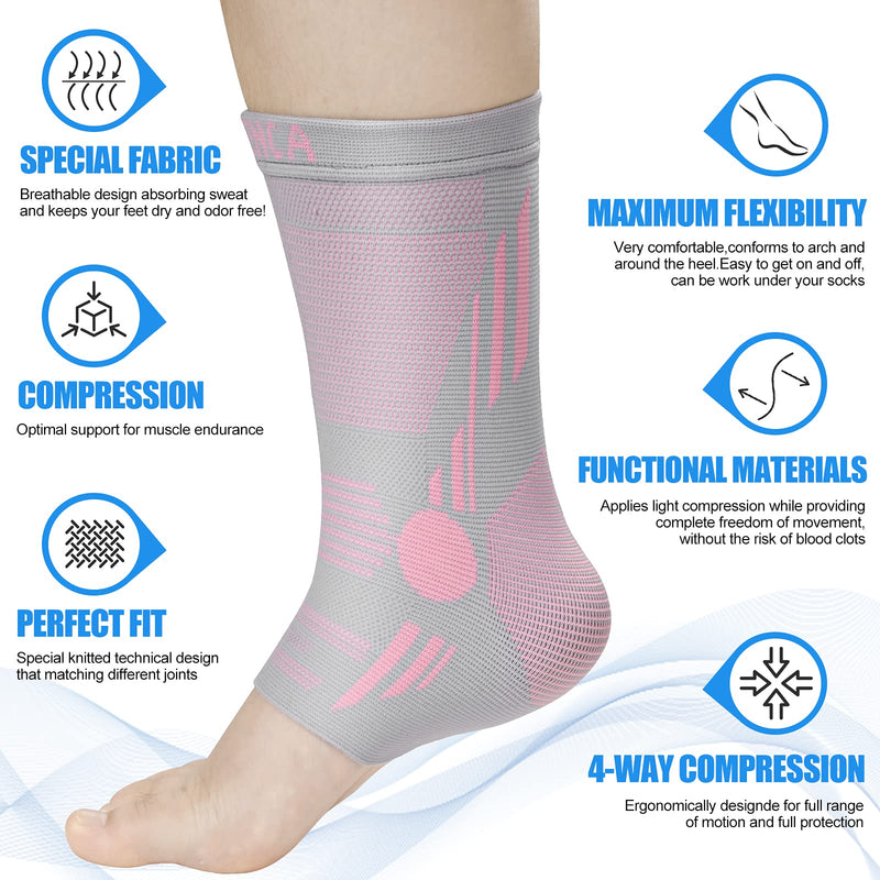 NEENCA Ankle Brace for Pain Relief, 2 Pack Compression Ankle Sleeves Set. Ankle Support Stabilizer for Achilles Tendonitis, Plantar Fasciitis, Joint Pain, Swelling, Arthritis, Sport Large Pink Grey