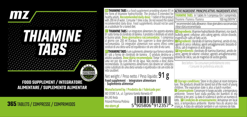 Thiamine 100 mg (Vitamin B1) - 365 Vegan Tablets - Full Year Supply - Supports Heart and Nervous System - Dietary Supplement by MZ-Store